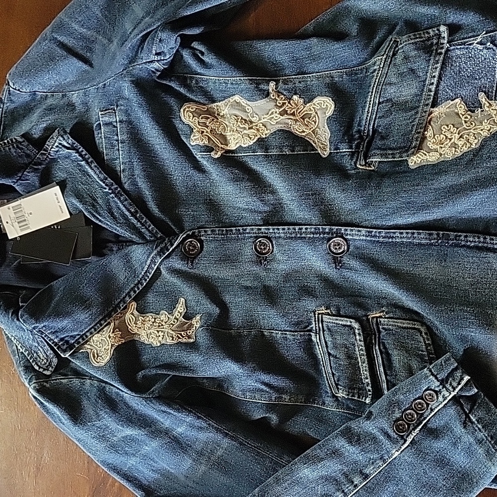 NWT Lauren Ralph Lauren Women's Lace Patchwork Denim Indigo Blazer 8 - Picture 8 of 9